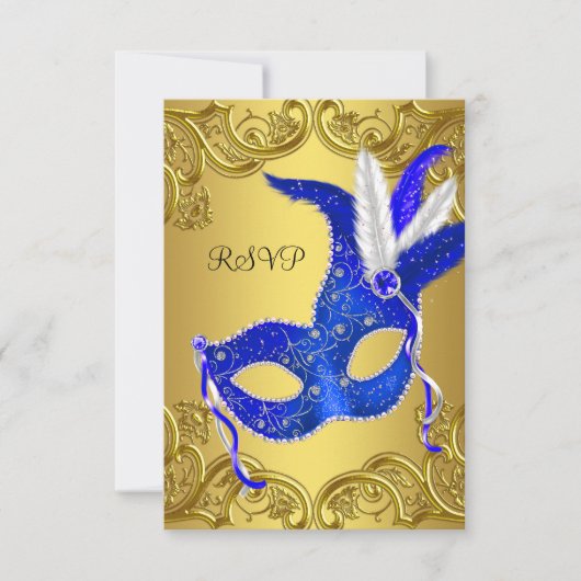 Blauw en Goud Masquerade Party RSVP Kaartje (Voorkant)