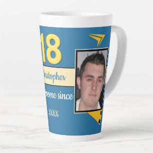 Blauw en goud met naam 18e verjaardag foto latte mok