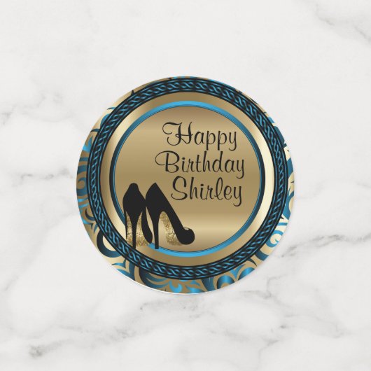 Blauw en Goud Metallic Happy Birthday - Hoge hakke Confetti (Kleine voorkant)