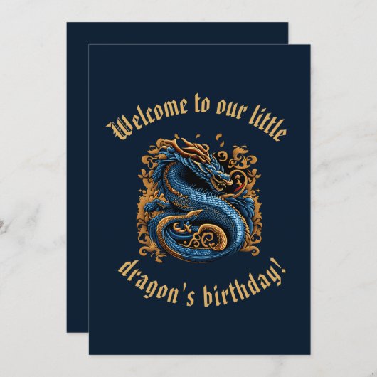 Blauw en Goud Middeleeuwse Draak Verjaardag Uitnod Kaart (Voorkant / Achterkant)