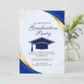 Blauw en Goud Modern Graduation Party Kaart (Staand voorkant)