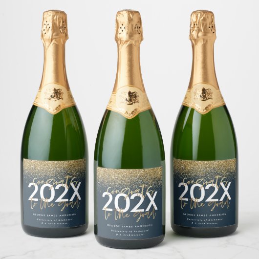 Blauw en goud modern script glitter afstuderen sparkling wijnetiket (Flessen)