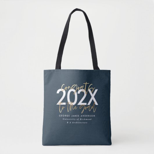 Blauw en goud modern script stijlvol afstuderen tote bag (Voorkant)