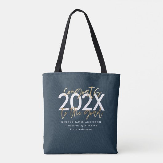 Blauw en goud modern script stijlvol afstuderen tote bag (Achterkant)