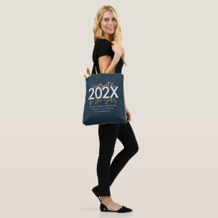 Blauw en goud modern script stijlvol afstuderen tote bag