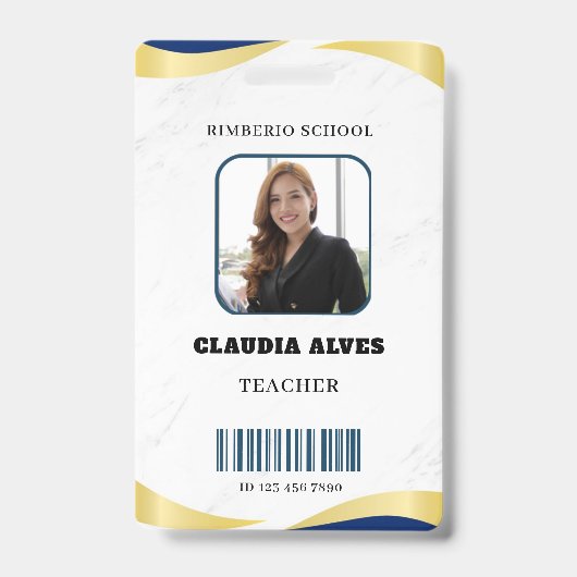 Blauw en Goud Modern Teacher Portrait Company Badge (Front)