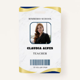 Blauw en Goud Modern Teacher Portrait Company Badge