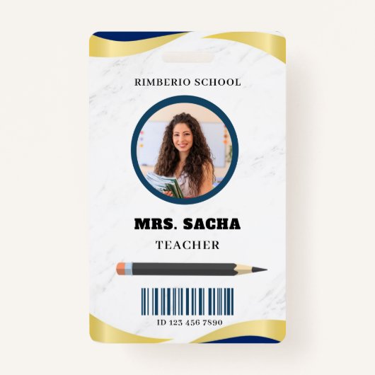 Blauw en Goud Modern Teacher Portrait Company Badge (Voorkant)