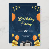 Blauw en Goud Modern verjaardagsfeest uitnodiging (Voorkant / Achterkant)