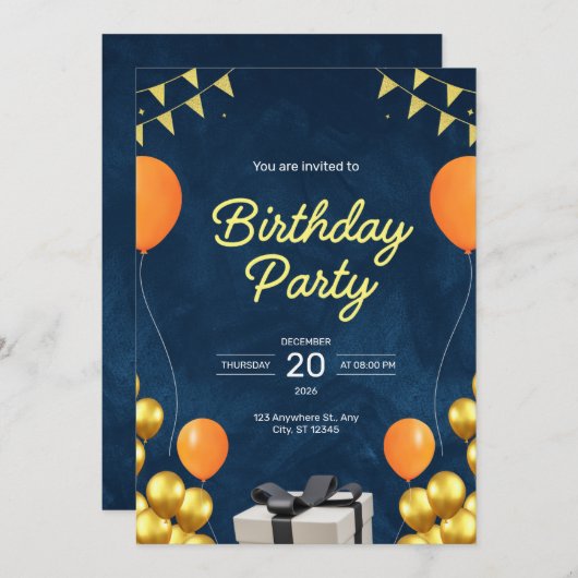 Blauw en Goud Modern verjaardagsfeest uitnodiging (Voorkant / Achterkant)