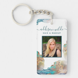 Blauw en goud modern vloeibaar waterverf salon ID Sleutelhanger