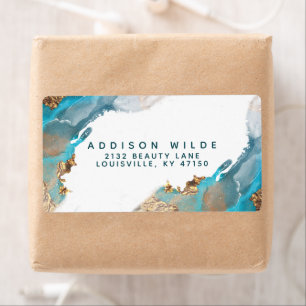 Blauw en Goud Moderne Kunst Vloeibare Inkt Verzend Etiket