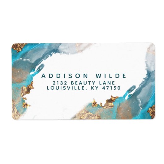 Blauw en Goud Moderne Kunst Vloeibare Inkt Verzend Etiket (Voorkant)