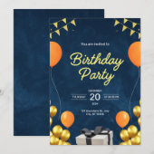 Blauw en goud moderne verjaardagsfeest uitnodiging (Voorkant / Achterkant)