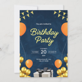 Blauw en goud moderne verjaardagsfeest uitnodiging