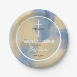 Blauw en Goud Moderne Waterverf Baby Boy Doop Papieren Bordje