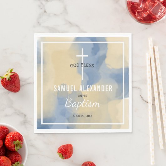 Blauw en Goud Moderne Waterverf Baby Boy Doop Servet (Insitu)