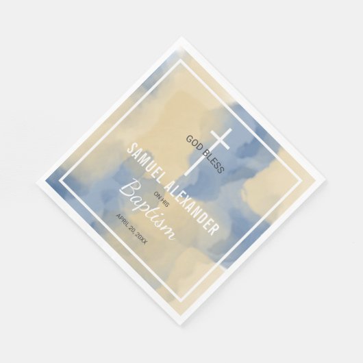 Blauw en Goud Moderne Waterverf Baby Boy Doop Servet (Hoek)