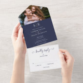 Blauw en goud monogram foto trouwfoto all in one uitnodiging (Afscheurbaar)