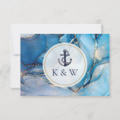 Blauw en goud monogram nautisch huwelijk RSVP kaartje (Achterkant)