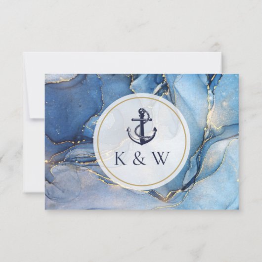 Blauw en goud monogram nautisch huwelijk RSVP kaartje (Achterkant)