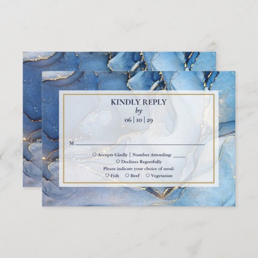 Blauw en goud monogram nautisch huwelijk RSVP kaartje (Voorkant / Achterkant)