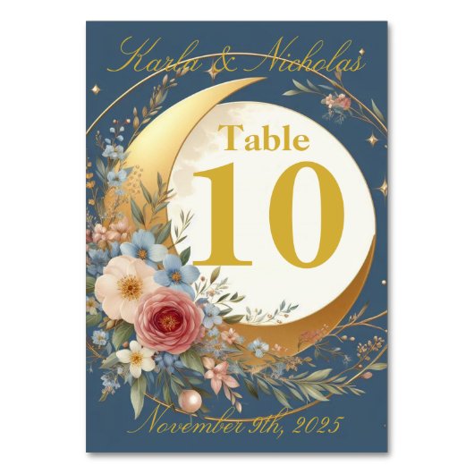 Blauw en Goud Moonflower Bruiloft Kaart (Voorkant)
