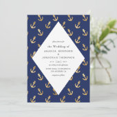 Blauw en goud nautisch huwelijk kaart (Staand voorkant)