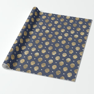 Blauw en goud nautisch schelp patroon cadeaupapier