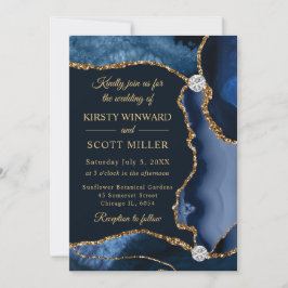 Blauw en goud nep glitter agaat bruiloft kaart