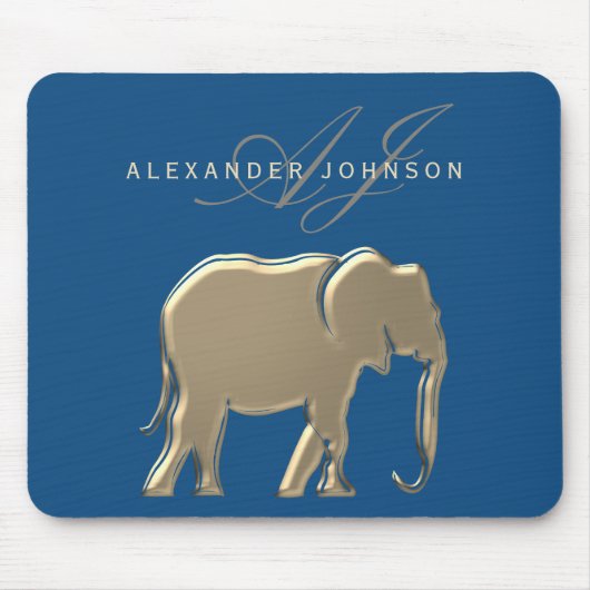 Blauw en goud olifant monogram muismat (Voorkant)