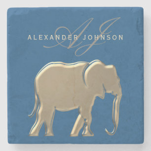 Blauw en Goud Olifant Monogram Stenen Onderzetter