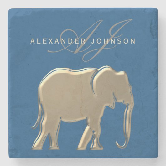Blauw en Goud Olifant Monogram Stenen Onderzetter (Voorkant)