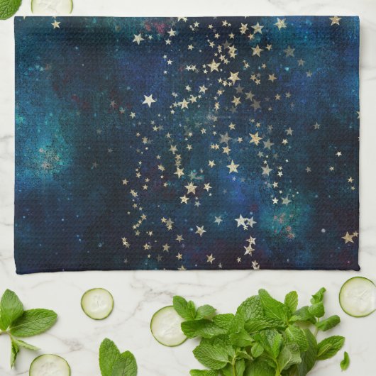 Blauw en Goud Onder de Sterren Nachthemel Theedoek (Gevouwen)