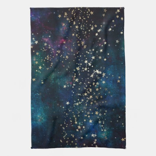 Blauw en Goud Onder de Sterren Nachthemel Theedoek (Verticaal)