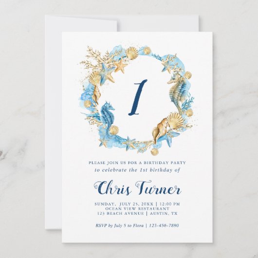 Blauw en Goud Onder het Zee Jongen Verjaardag Kaart (Voorkant)