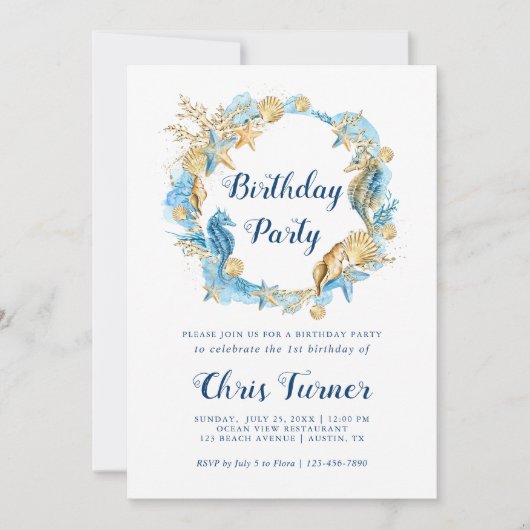 Blauw en Goud Onder het Zee Jongen Verjaardag Kaart (Voorkant)