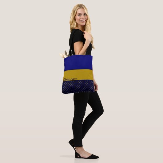 Blauw en goud op maat tote bag (Op model)