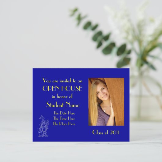 Blauw en goud open huis briefkaart (Staand voorkant)