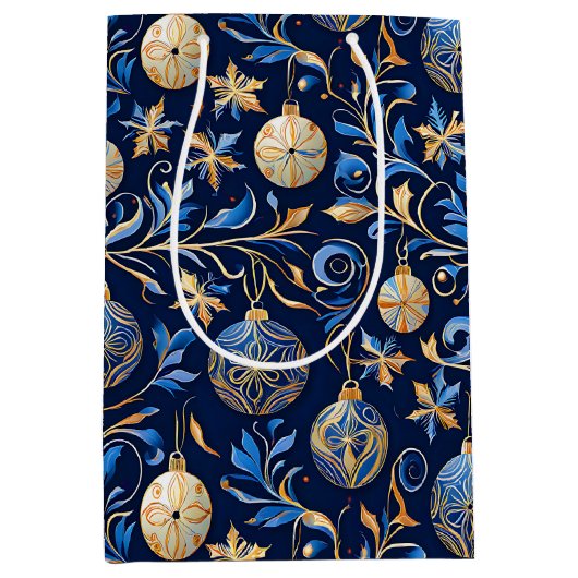 Blauw en Goud Ornamentele Kerst Design Medium Cadeauzakje (Voorkant)