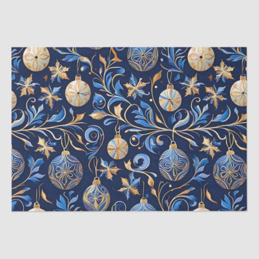 Blauw en Goud Ornamentele Kerst Design Tissuepapier (Voorkant)
