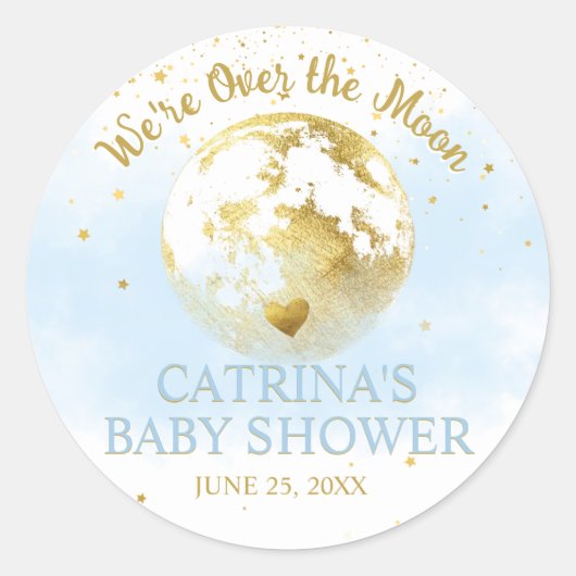 Blauw en Goud Over the Moon Baby shower Sticker (Voorkant)