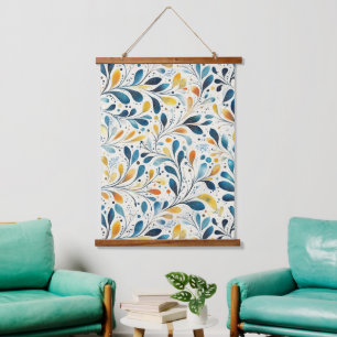 Blauw en Goud Paisley Blad Patroon (2) Hangend Wandkleed