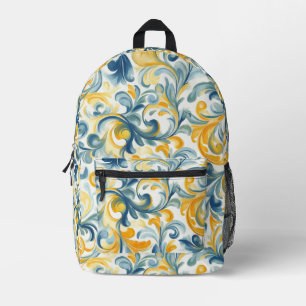 Blauw en Goud Paisley Blad Patroon Bedrukte Rugzak