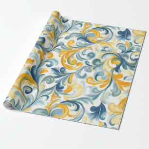 Blauw en Goud Paisley Blad Patroon Cadeaupapier