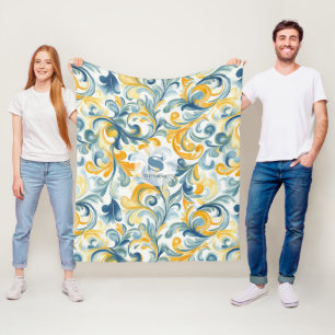 Blauw en Goud Paisley Blad Patroon Fleece Deken
