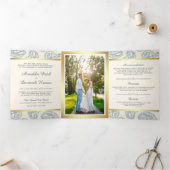 Blauw en Goud Paisley Indische Stijl Huwelijksfoto Drieluik Uitnodiging (Binnen)