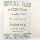 Blauw en Goud Paisley Indische Stijl Huwelijksfoto Drieluik Uitnodiging (Binnenzijde eerst)