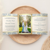 Blauw en Goud Paisley Indische Stijl Huwelijksfoto Drieluik Uitnodiging