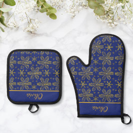 Blauw en Goud Persoonlijk Ovenwant & Pannenlap Set
